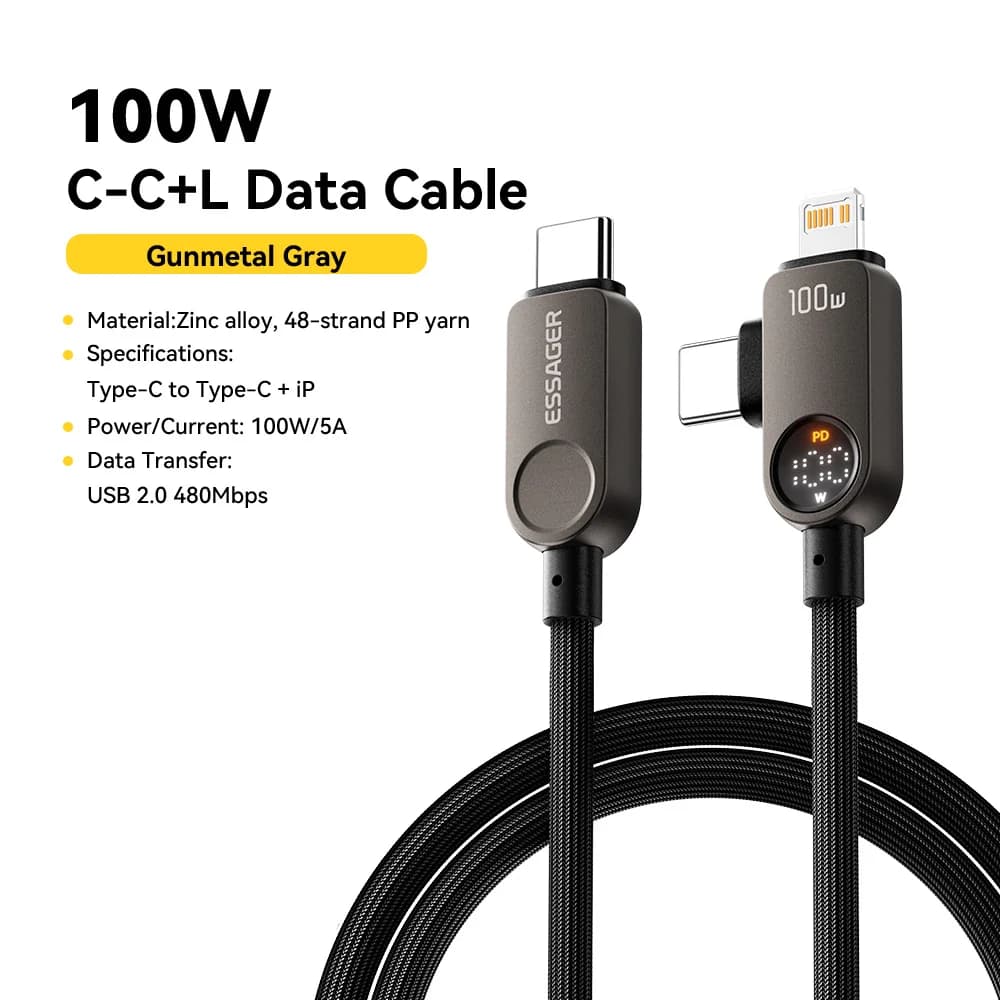Кабель 2-в-1 USB-C на Lightning, 100W PD