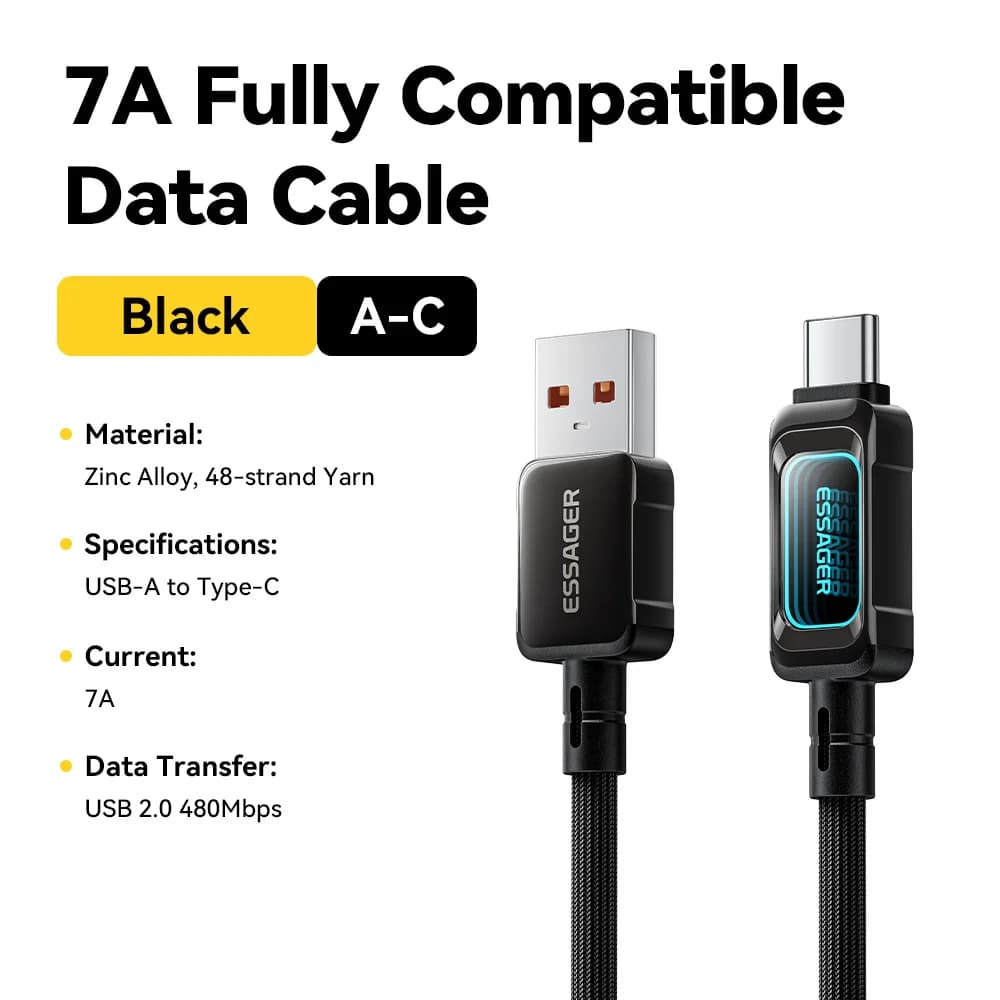 Кабель быстрой зарядки LED USB-C на USB-C, 100 Вт
