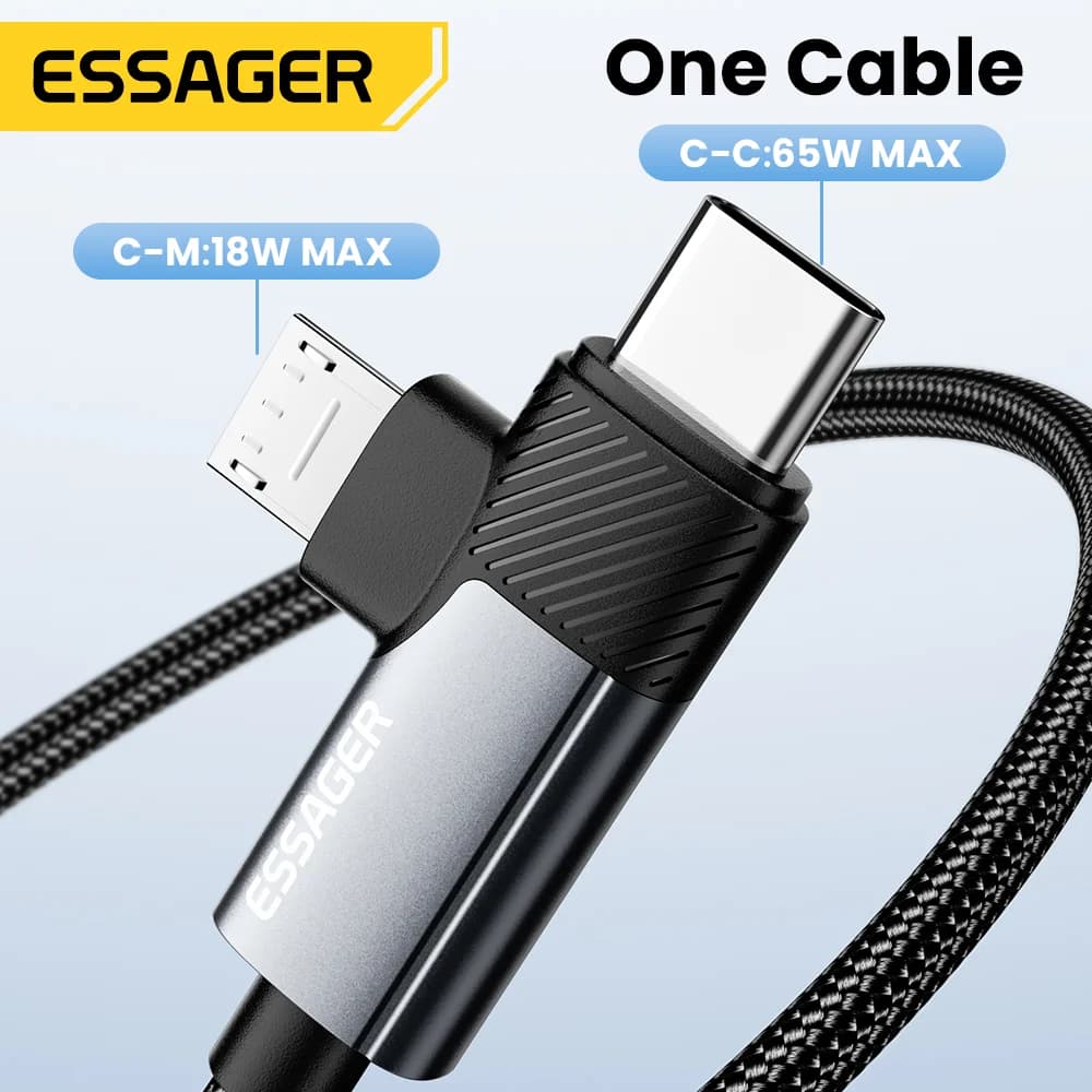 Кабель быстрой зарядки 2-в-1 65W PD Type-C/USB-A на Micro