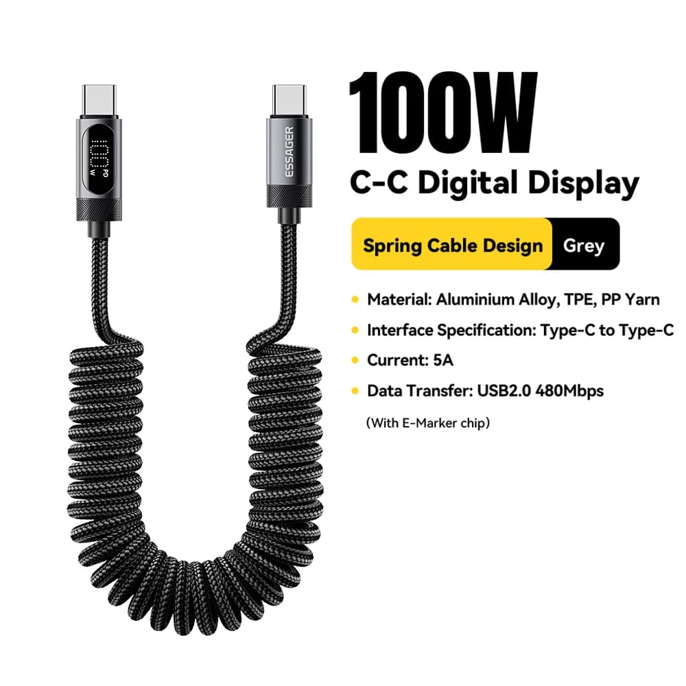 Автомобильный кабель USB-C на USB-C 100 Вт (пружинный)
